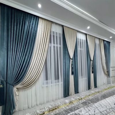 Set Draperie Catifea Albastru cu Crem + Perdea Tripluvoal Alb. Cod: 538229